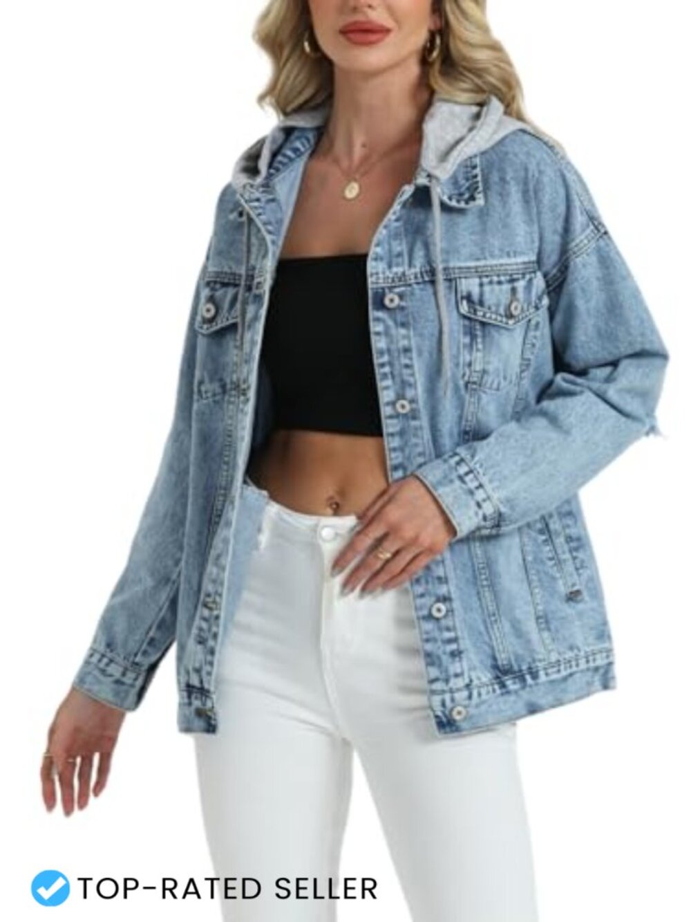 Oversized Distressed Denim Jacket with Detachable Hood, Women's Light Blue